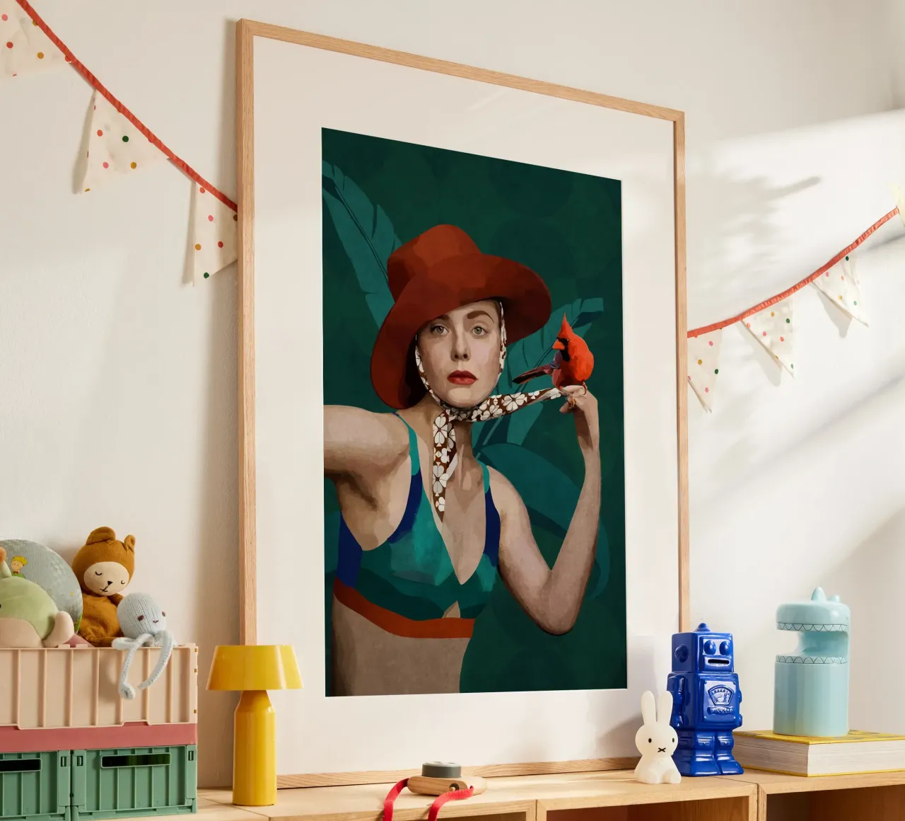 Emel Tunaboylu - Un uccello cardinale e una signora con il cappello rosso poster con telaio in alluminio da The Artcircle