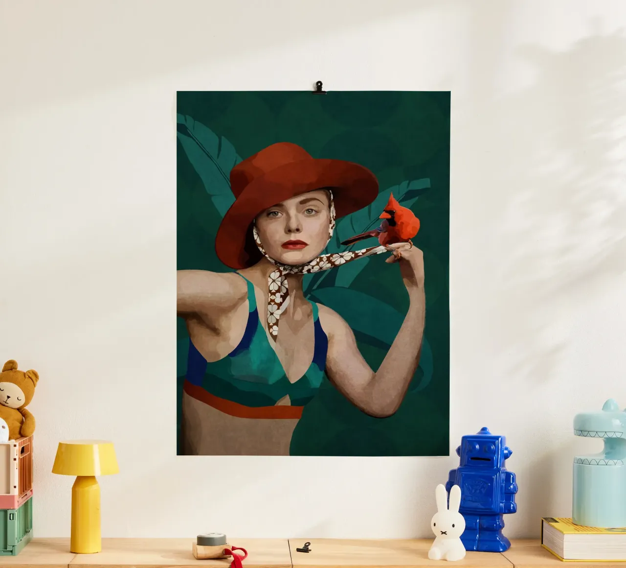 Emel Tunaboylu - Un uccello cardinale e una signora con il cappello rosso poster con telaio in alluminio da The Artcircle