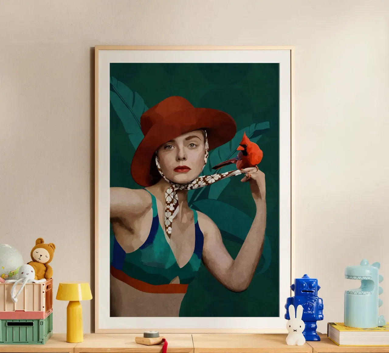 Emel Tunaboylu - Un uccello cardinale e una signora con il cappello rosso poster con telaio in alluminio da The Artcircle