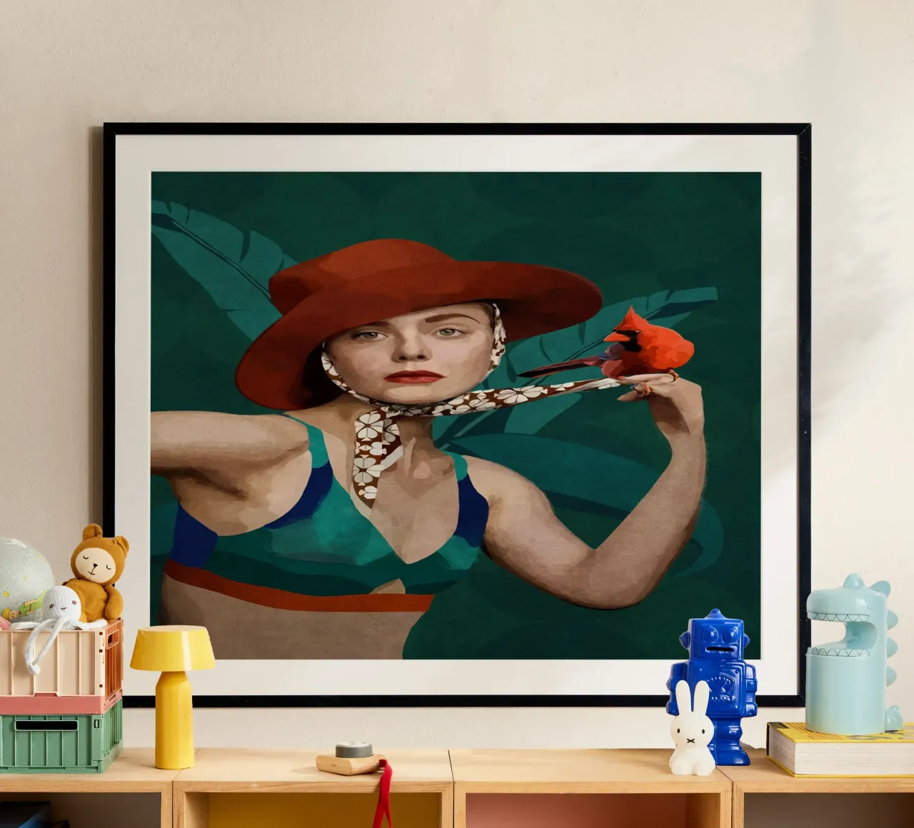 Emel Tunaboylu - Un uccello cardinale e una signora con il cappello rosso poster con telaio in alluminio da The Artcircle