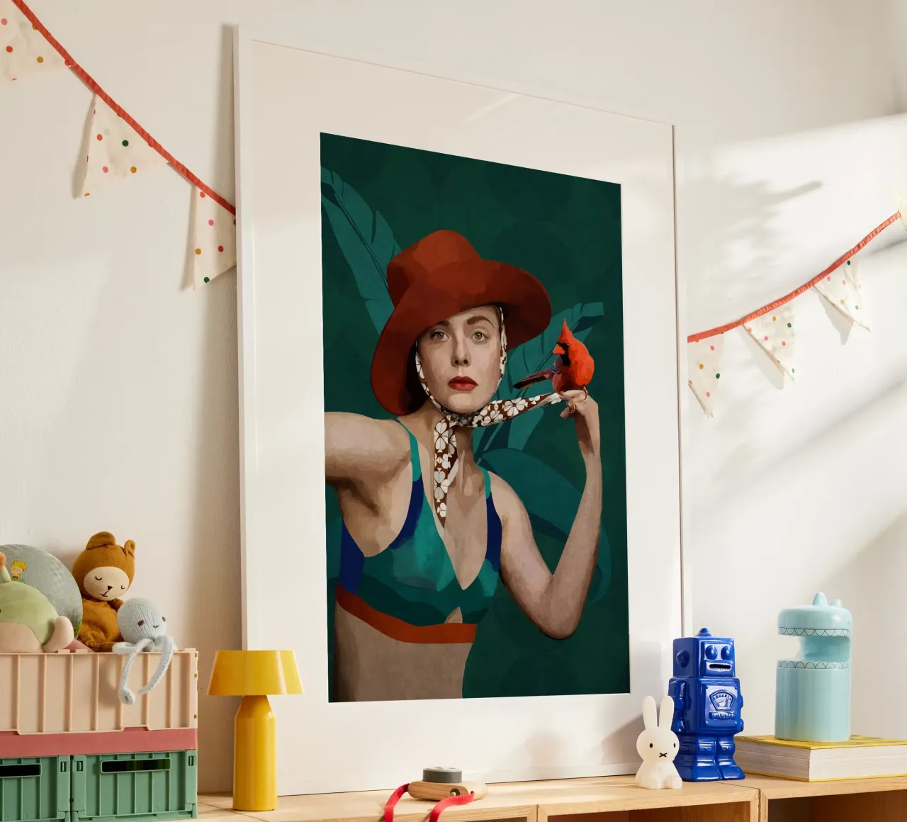Emel Tunaboylu - Un uccello cardinale e una signora con il cappello rosso poster con telaio in alluminio da The Artcircle
