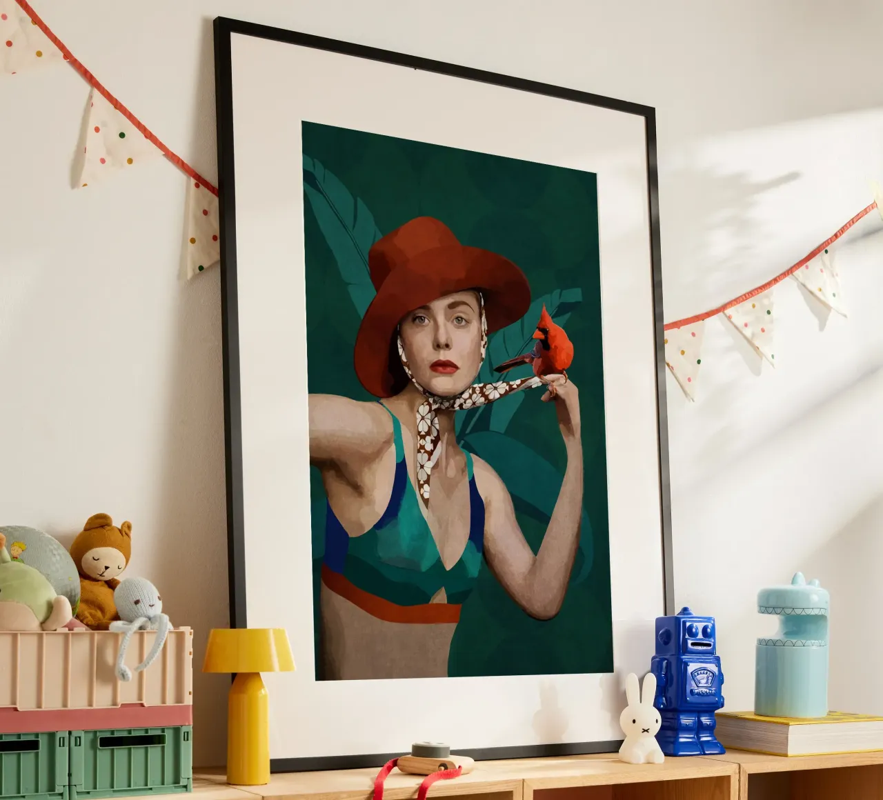 Emel Tunaboylu - Un uccello cardinale e una signora con il cappello rosso poster con telaio in alluminio da The Artcircle