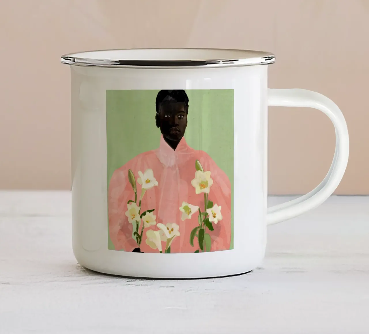 Ragazza con fiori in mano 3 tazza in smalto da ThingDesign