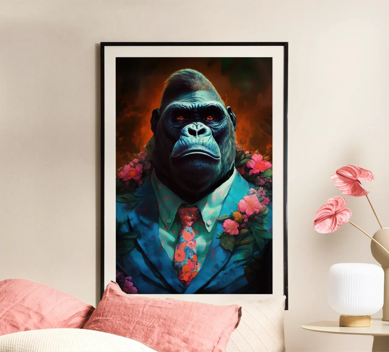 Arte animale gorilla hipster poster con telaio in alluminio da Justyna Jaszke JBJart
