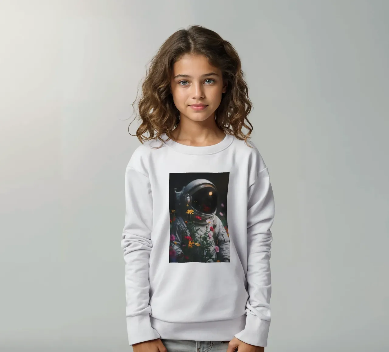 Fesselnder Astronaut Kunstdruck mit bunten Blumen Kinder Sweatshirt von Studio Mooodz