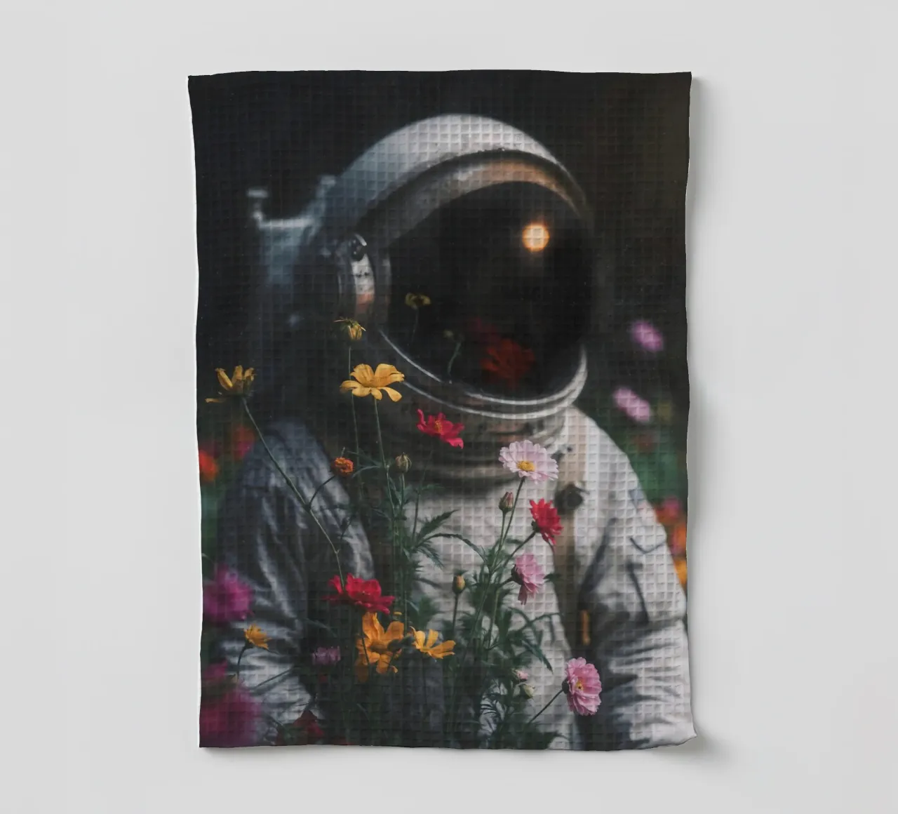 Impression d'art captivante d'un astronaute avec des fleurs colorées torchon de Studio Mooodz