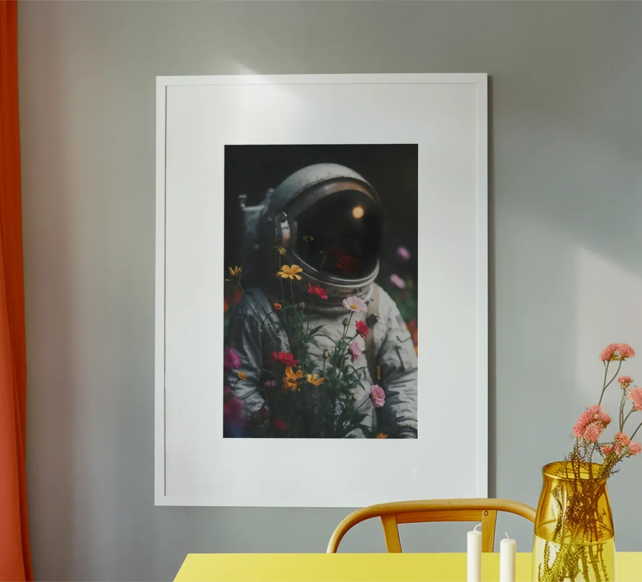 Captivating Astronaut Art Print with Colorful Flowers hahnemühle by Studio Mooodz