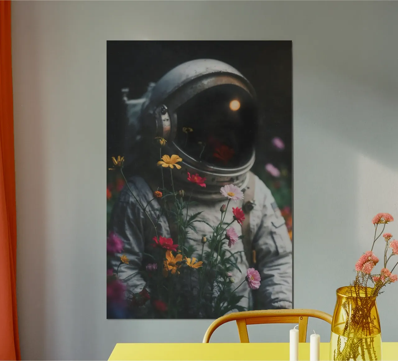 Captivating Astronaut Art Print with Colorful Flowers hahnemühle by Studio Mooodz