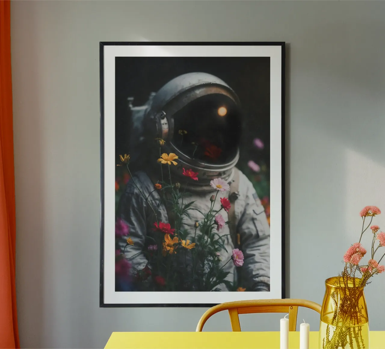Captivating Astronaut Art Print with Colorful Flowers hahnemühle by Studio Mooodz