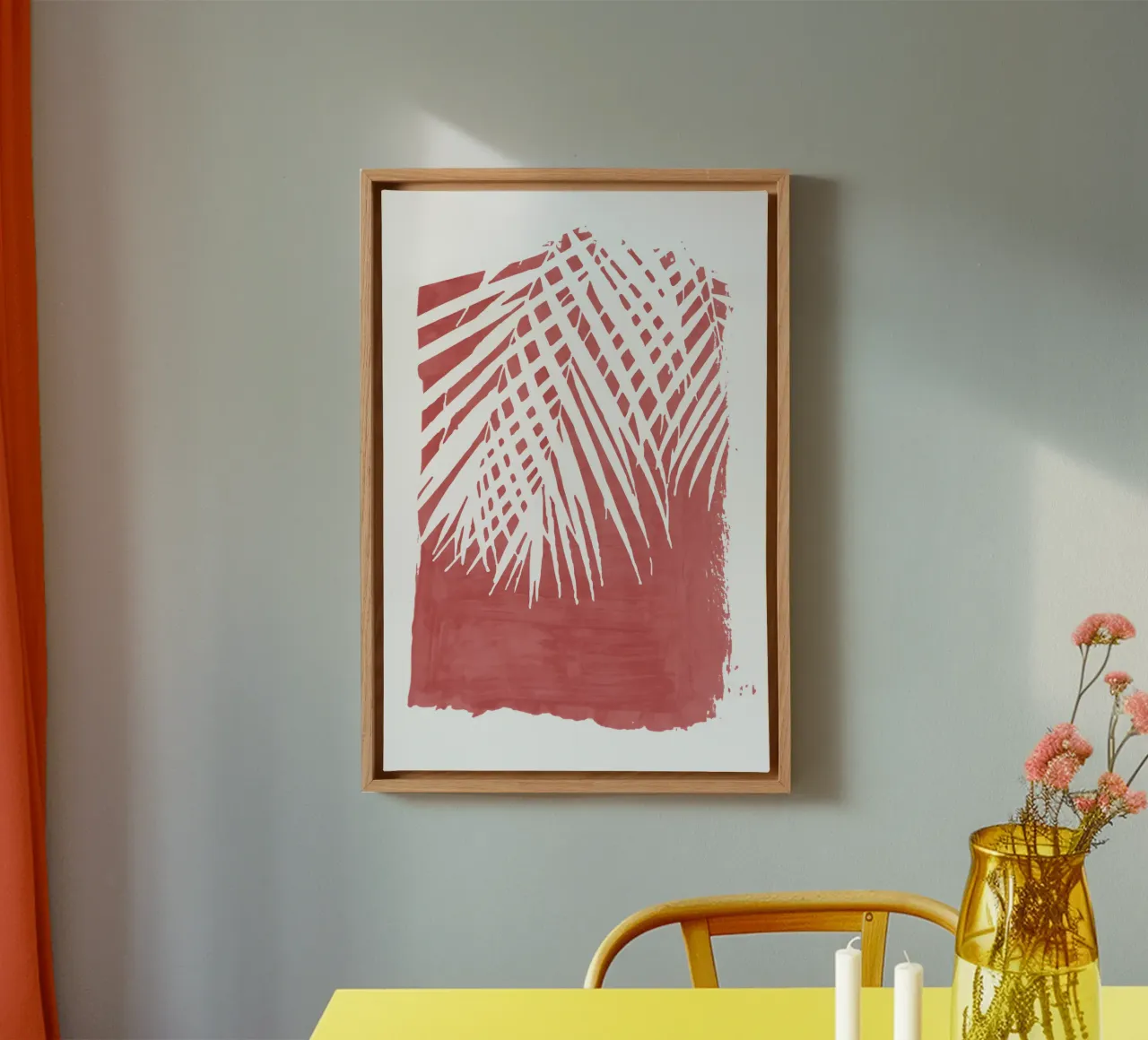 Red Paint Stroke of Palm Leaves canvas with Floater frame by amini54