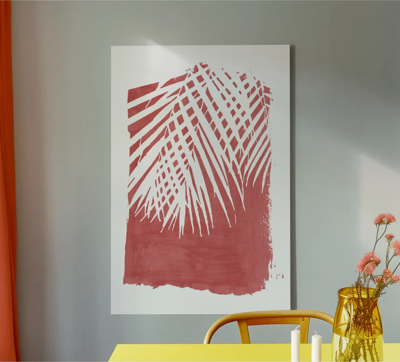 Red Paint Stroke of Palm Leaves canvas with Floater frame by amini54