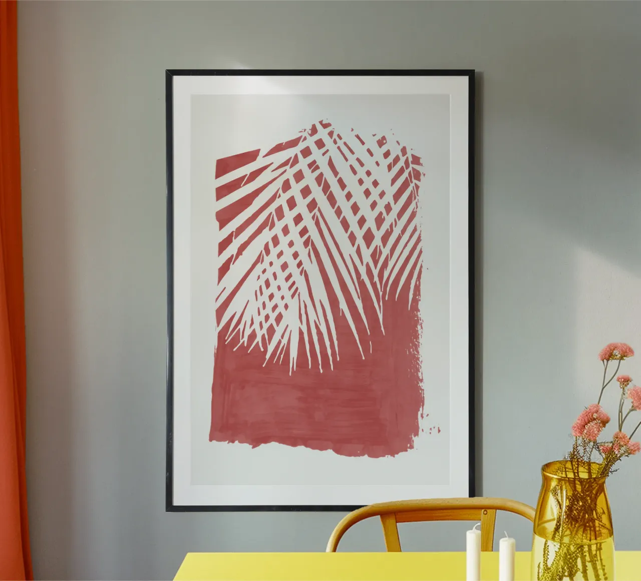 Tratto di vernice rossa di foglie di palma poster con telaio in legno da amini54