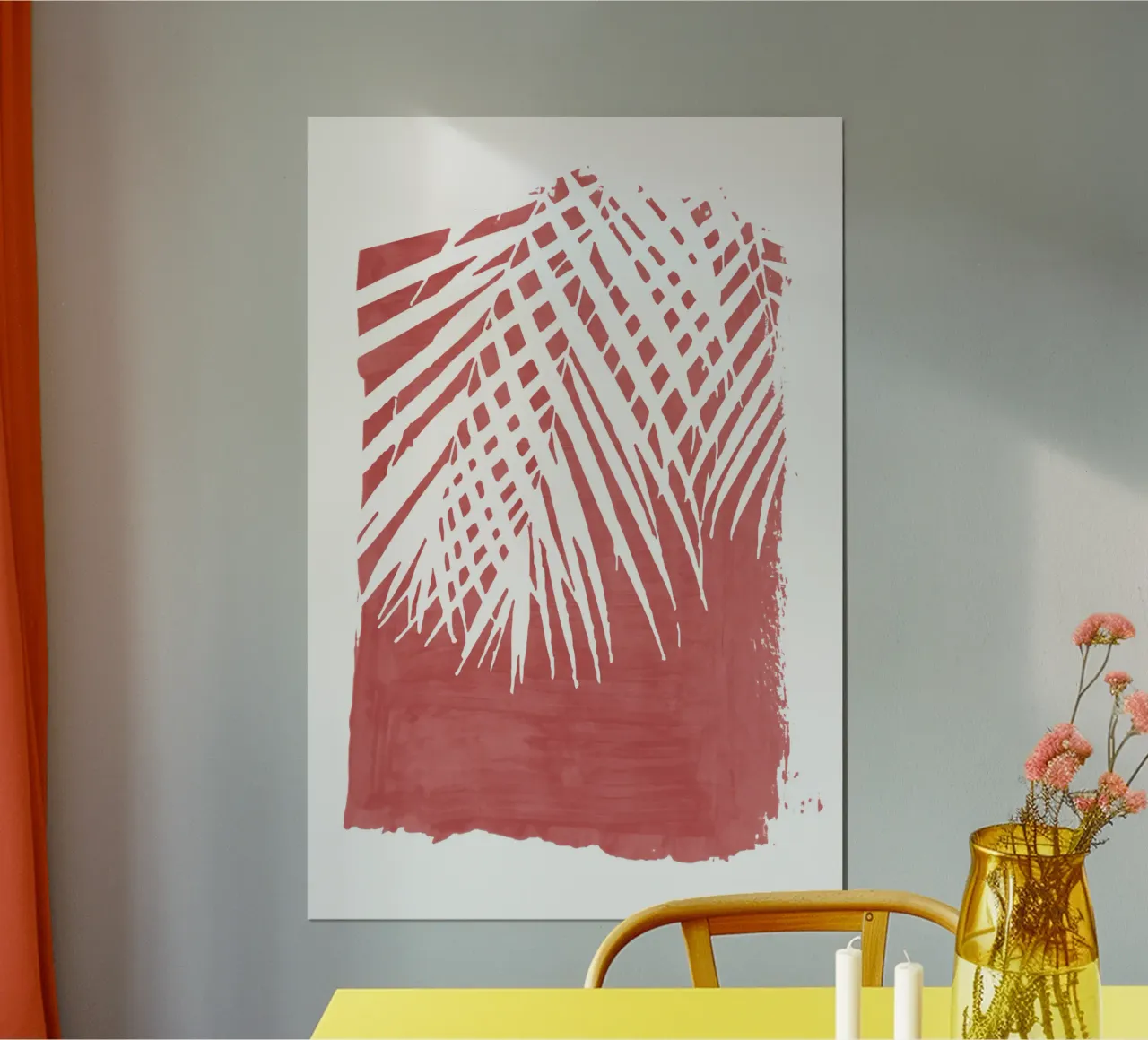 Tratto di vernice rossa di foglie di palma poster con telaio in legno da amini54