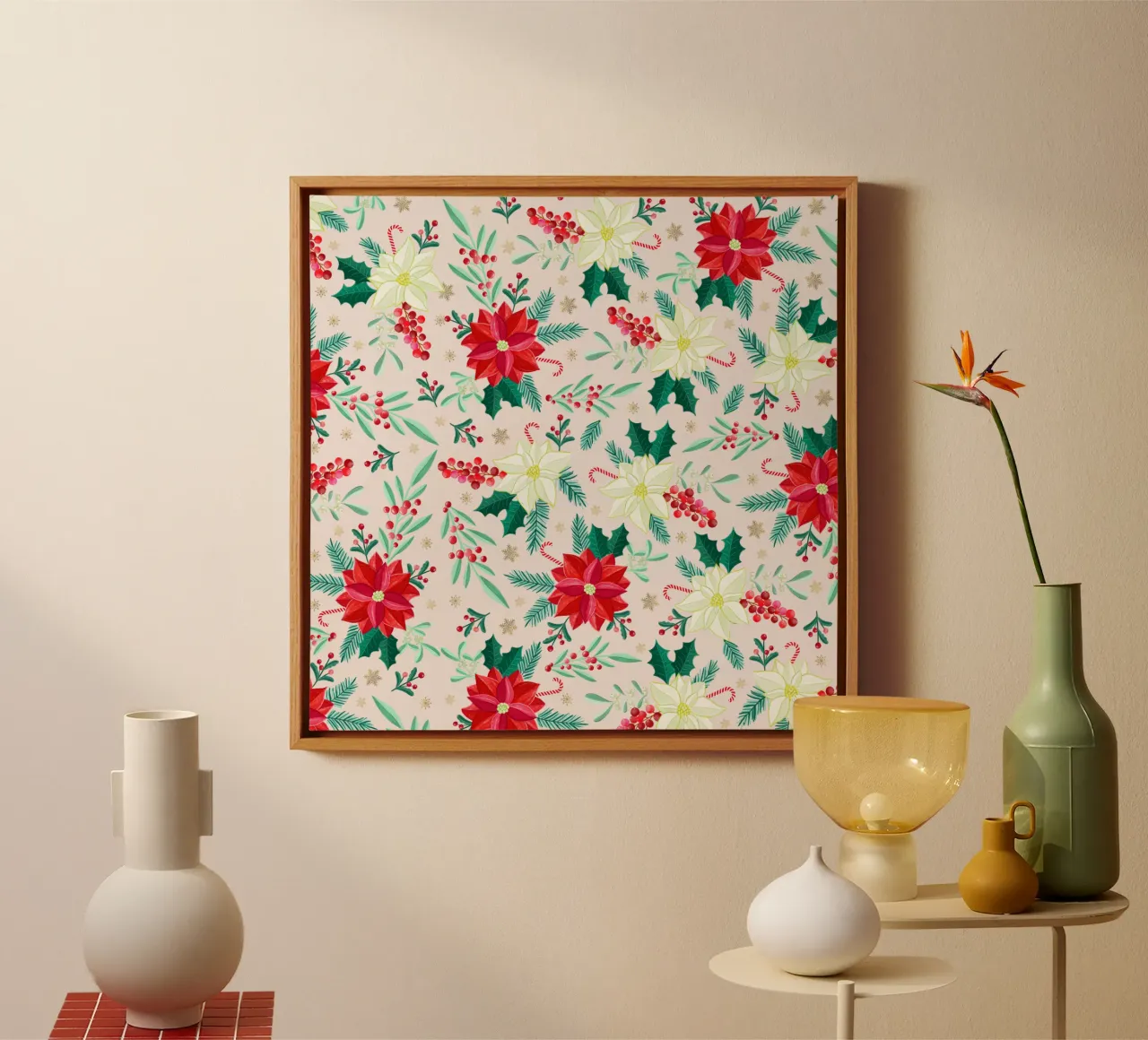 Christmas pattern with poinsettias and winter botanicals canvas with Floater frame by CalliLetters