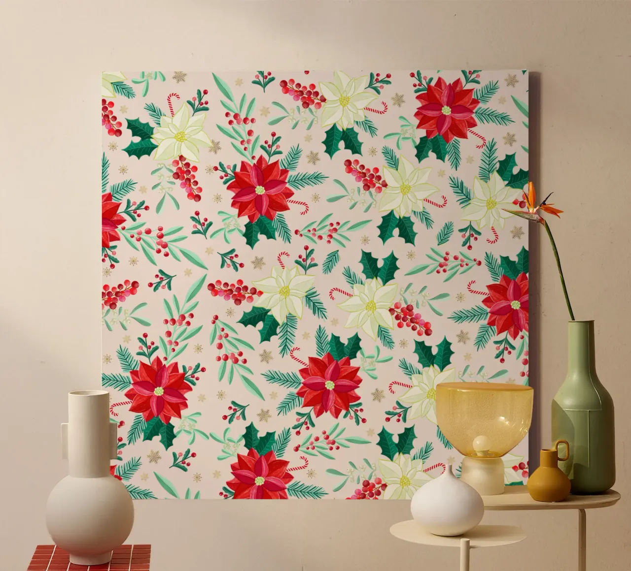 Christmas pattern with poinsettias and winter botanicals canvas with Floater frame by CalliLetters