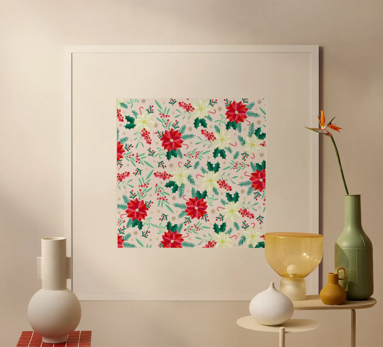 Christmas pattern with poinsettias and winter botanicals poster with aluminum frame by CalliLetters
