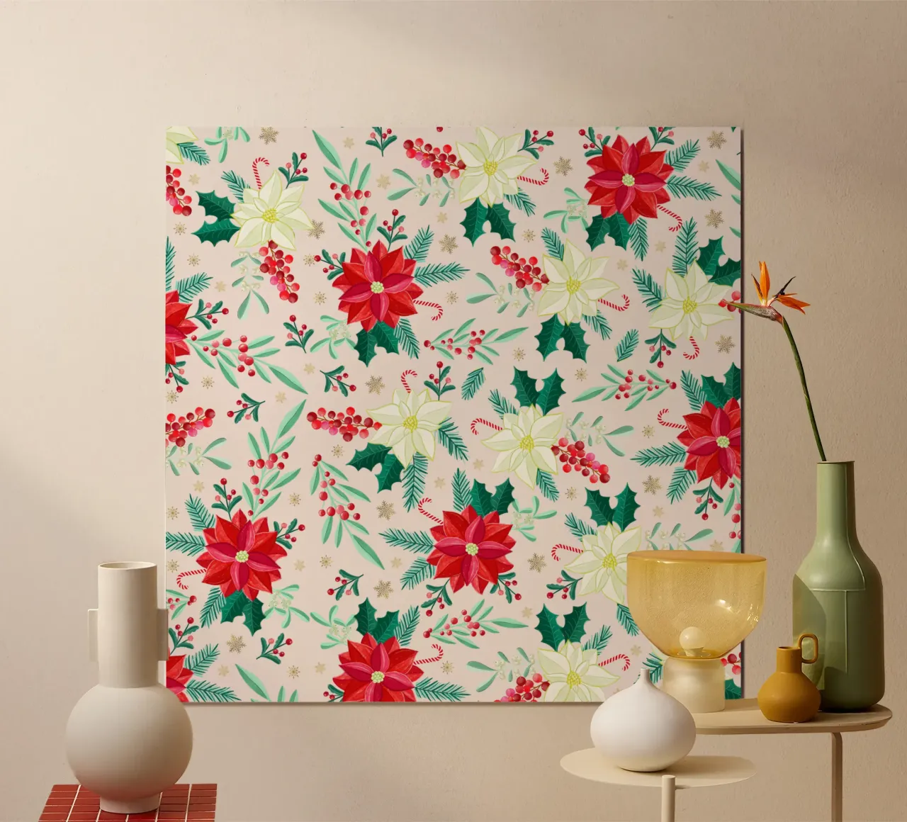 Christmas pattern with poinsettias and winter botanicals poster with aluminum frame by CalliLetters