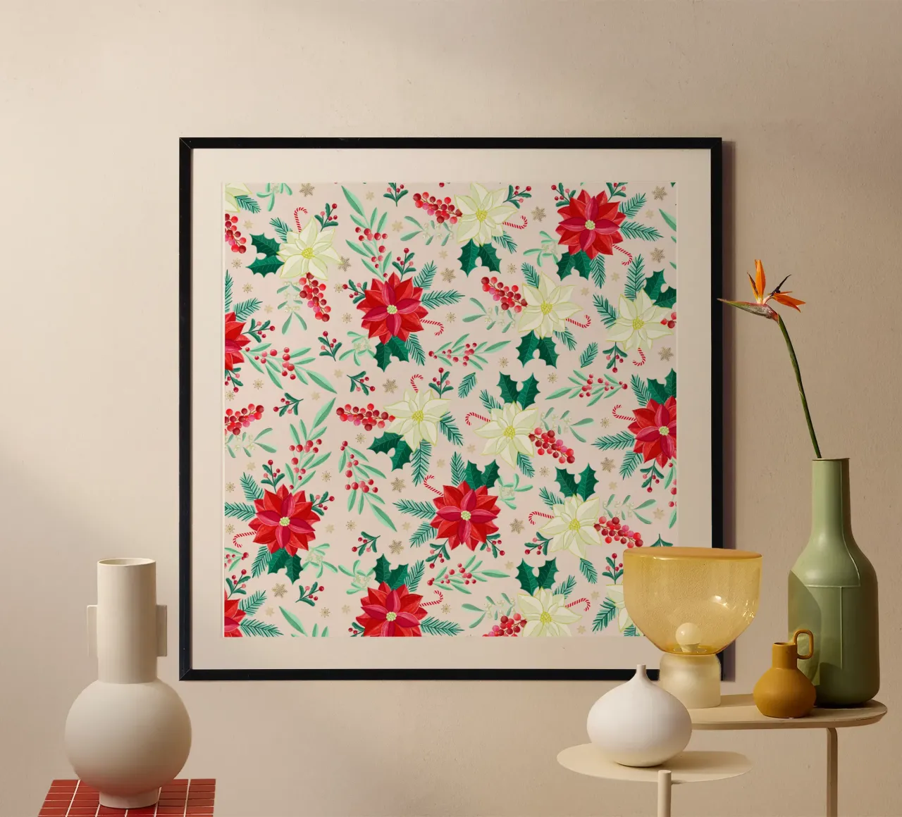 Christmas pattern with poinsettias and winter botanicals poster with aluminum frame by CalliLetters