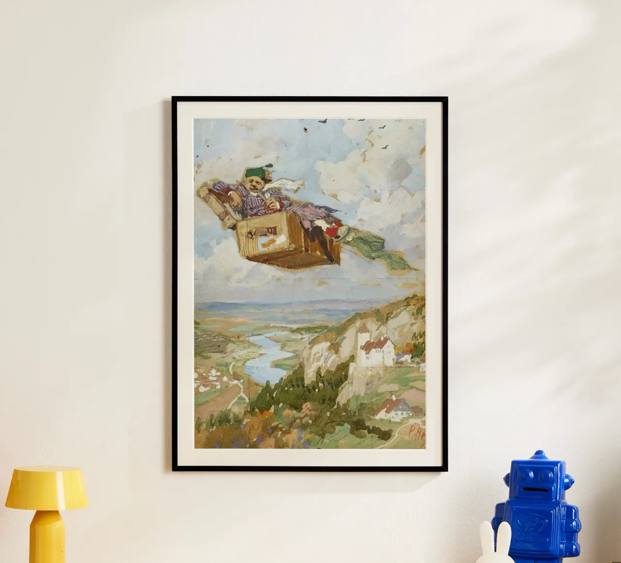 Paul Hey - La valigia volante poster con telaio in legno da ARTOTHEK