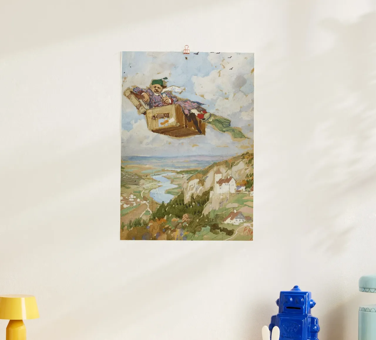 Paul Hey - La valigia volante poster con telaio in legno da ARTOTHEK
