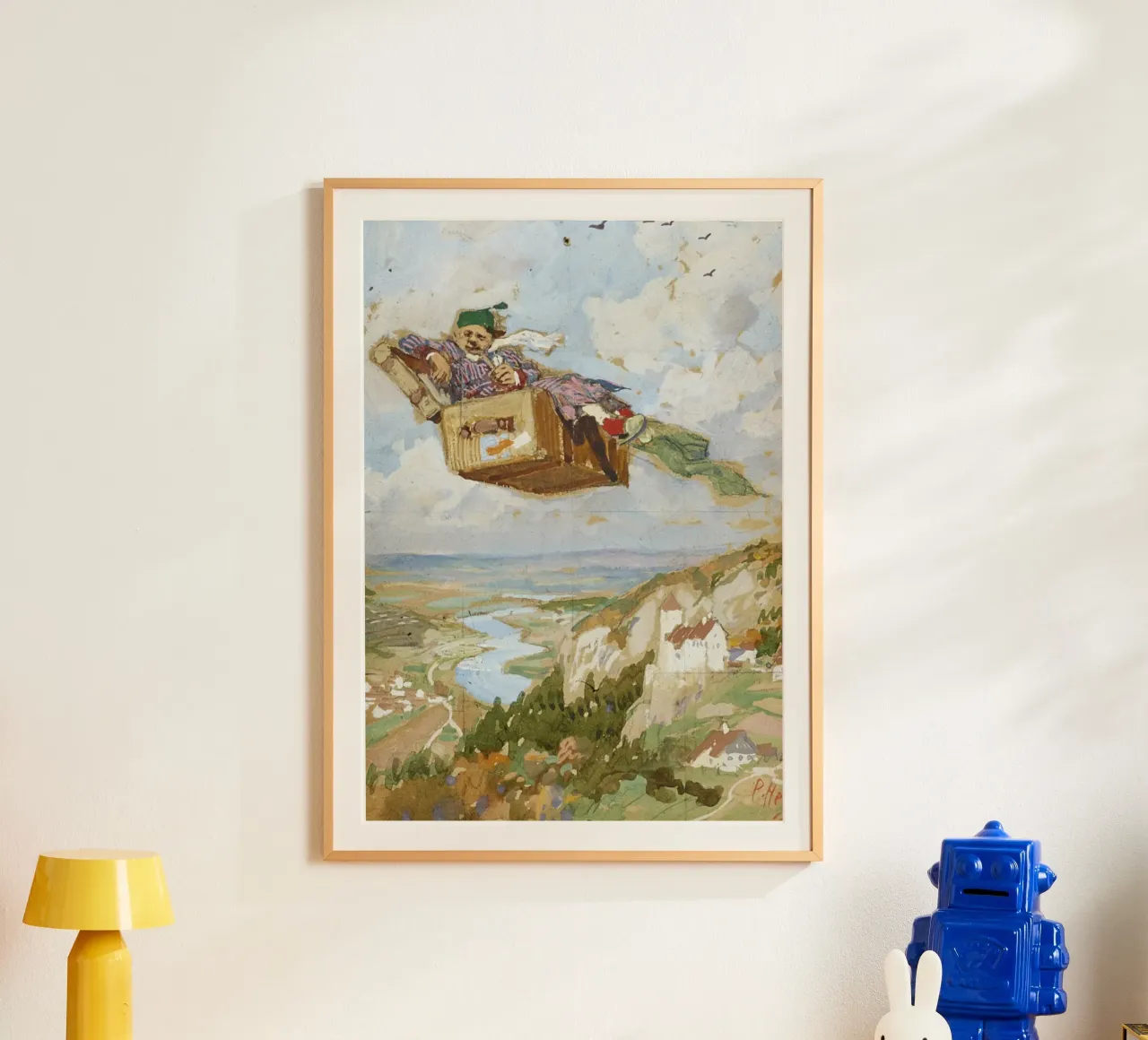 Paul Hey - La valigia volante poster con telaio in legno da ARTOTHEK