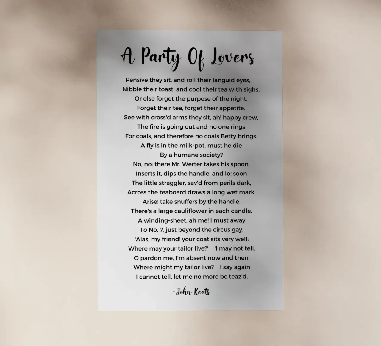 A Party of Lovers Poem by John Keats pellicola backlit da Shark Printables