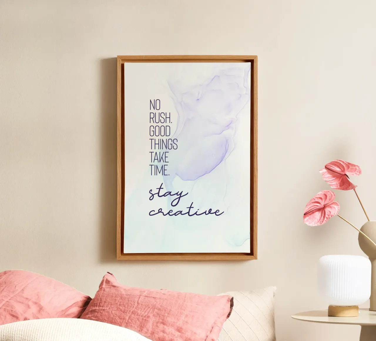 GOOD THINGS TAKE TIME. STAY CREATIVE. - floating colors tela con Cornice a cassetta da Melanie Viola