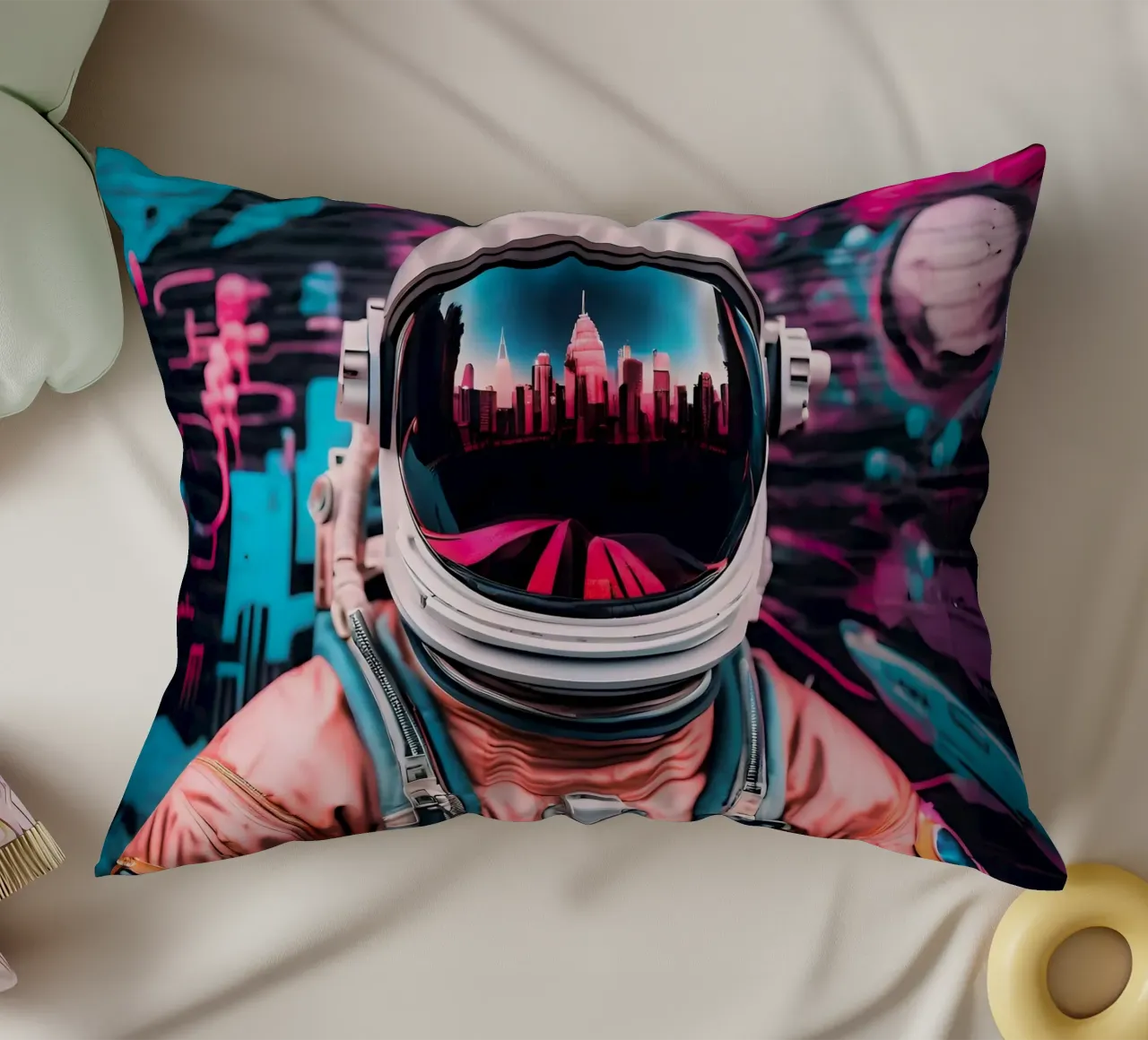 Urban cosmic culture decorative cushion by ICONICA Art Studio