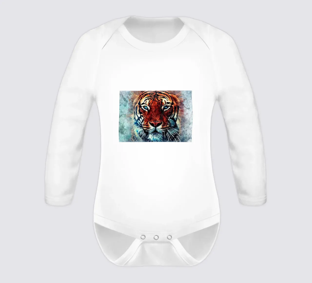 Tiger face animal art long-sleeve baby romper by Justyna Jaszke JBJart