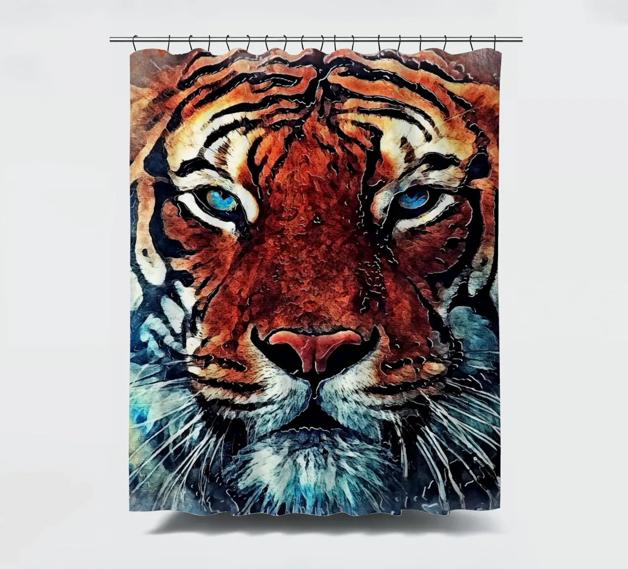 Tiger face animal art shower curtain by Justyna Jaszke JBJart