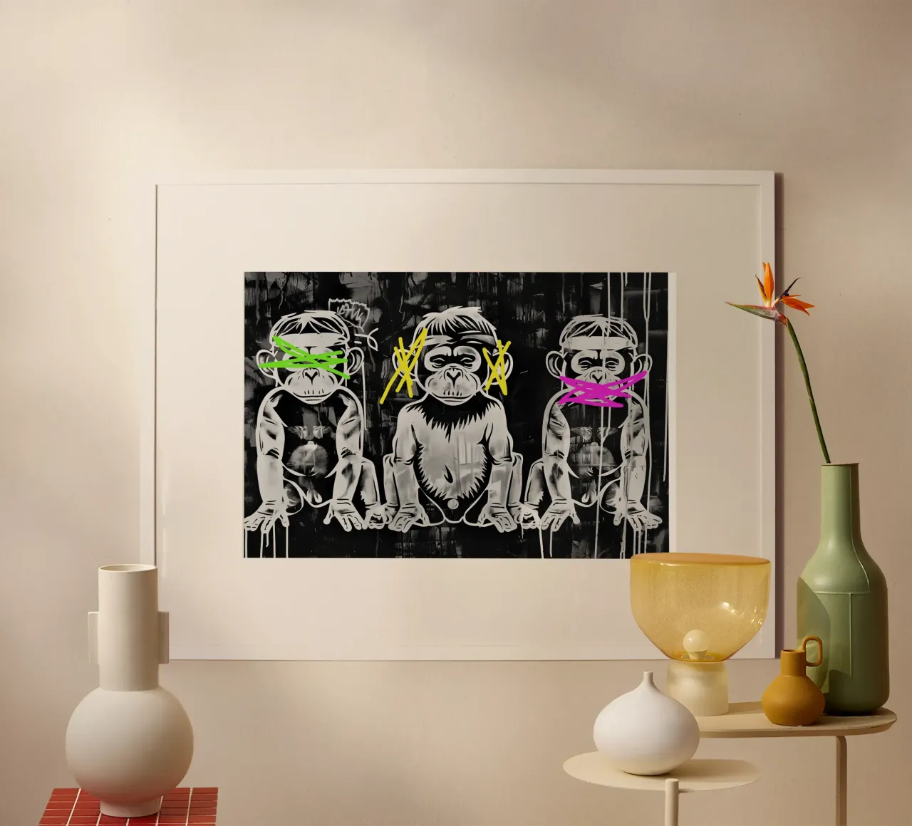 3 scimmie | Non vedono nulla, non sentono nulla e non urlano poster con telaio in legno da Autofocus