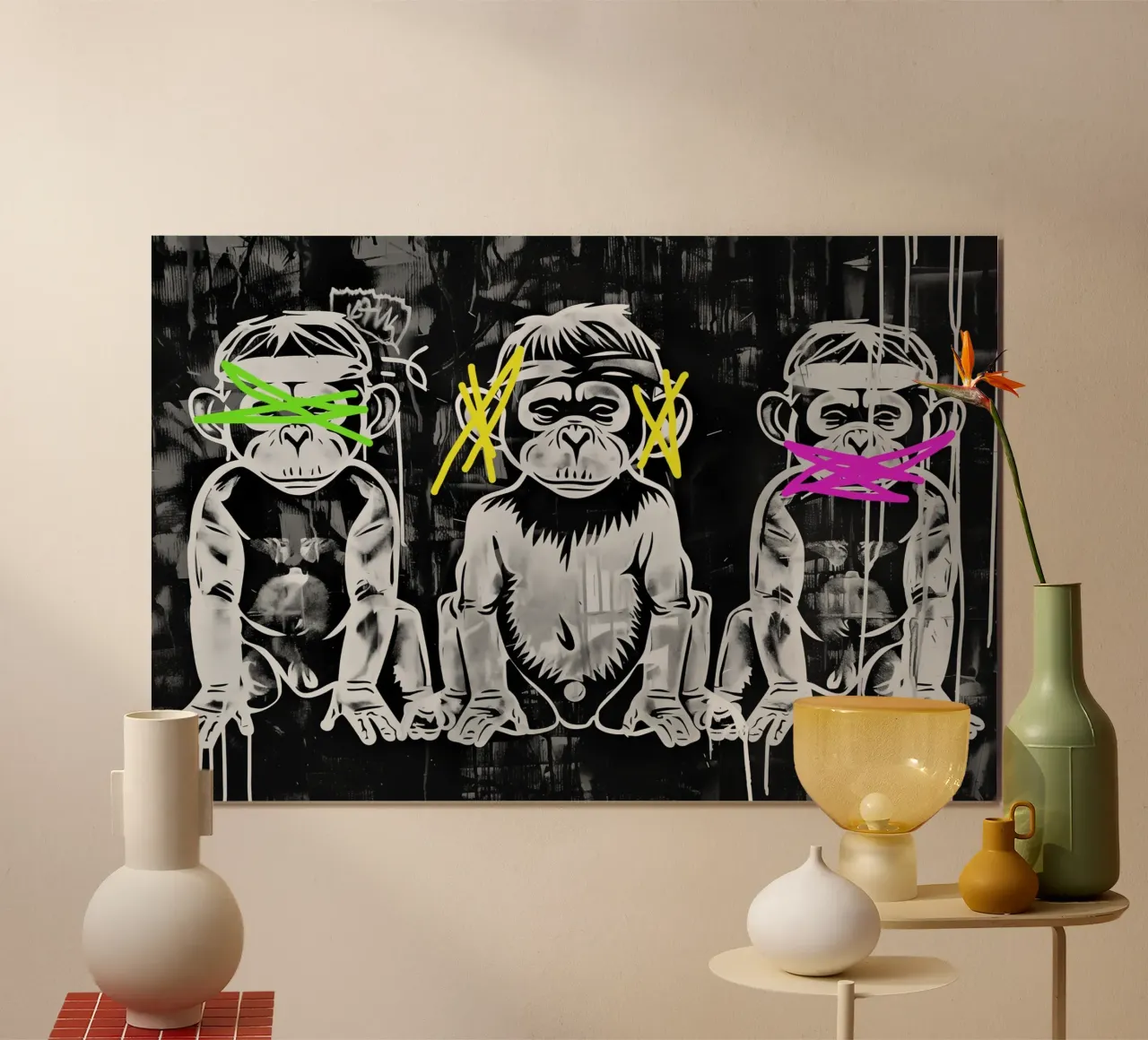3 scimmie | Non vedono nulla, non sentono nulla e non urlano poster con telaio in legno da Autofocus