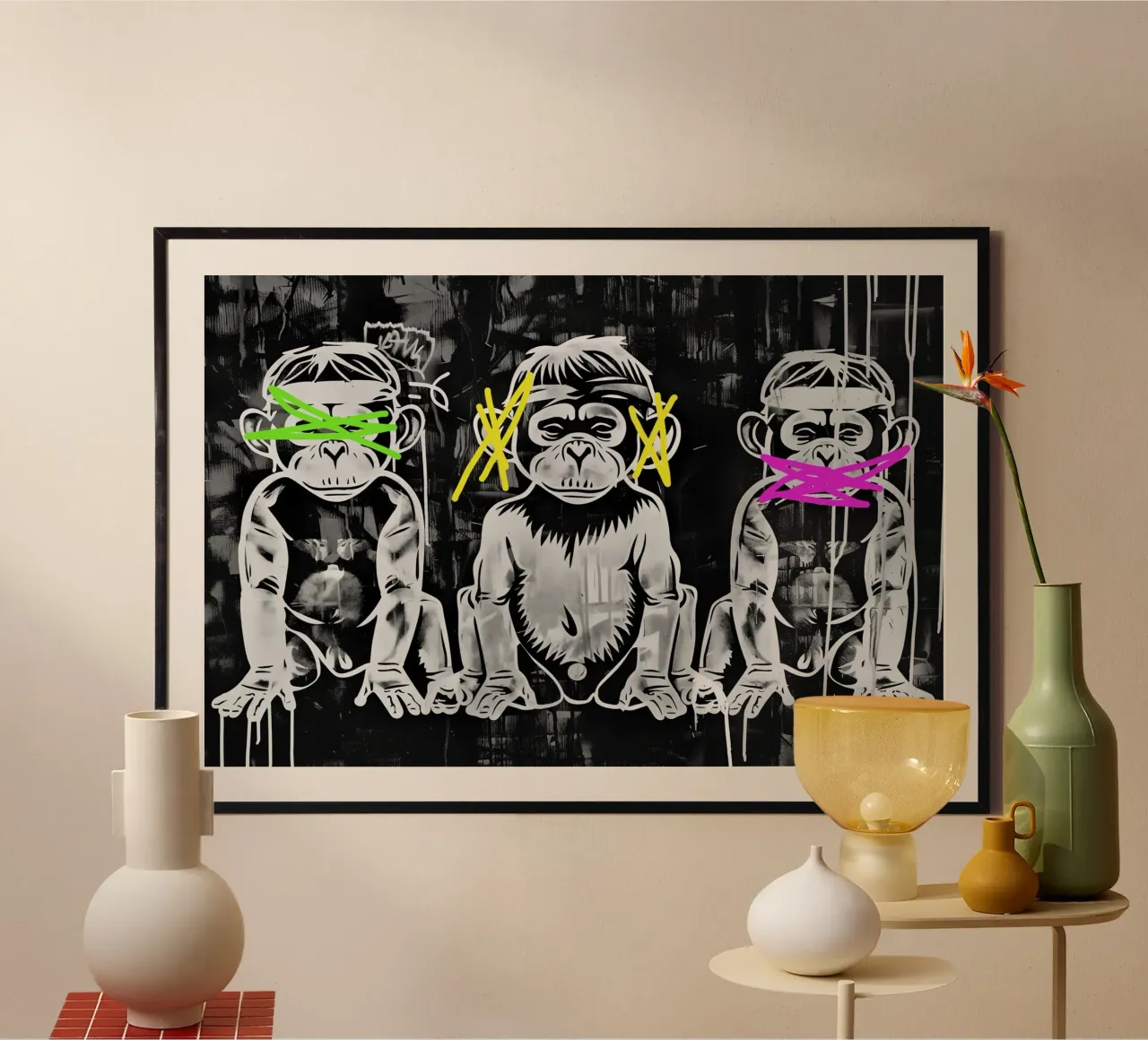 3 scimmie | Non vedono nulla, non sentono nulla e non urlano poster con telaio in legno da Autofocus