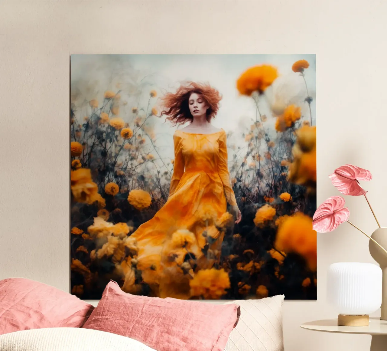 Donna prato arancione poster con telaio in legno da Justyna Jaszke JBJart
