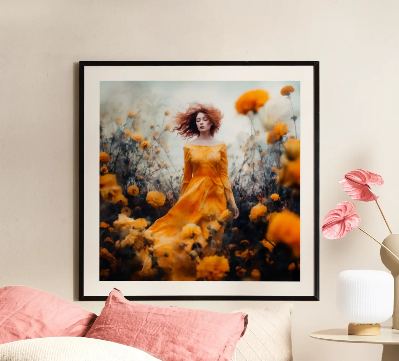 Donna prato arancione poster con telaio in legno da Justyna Jaszke JBJart