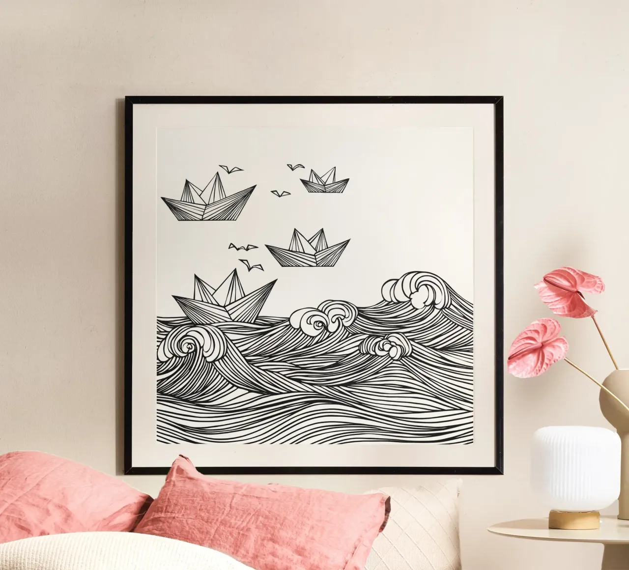 Navi di carta in viaggio verso di voi | Wanderlust Fantasy Line Art poster con telaio in alluminio da Autofocus