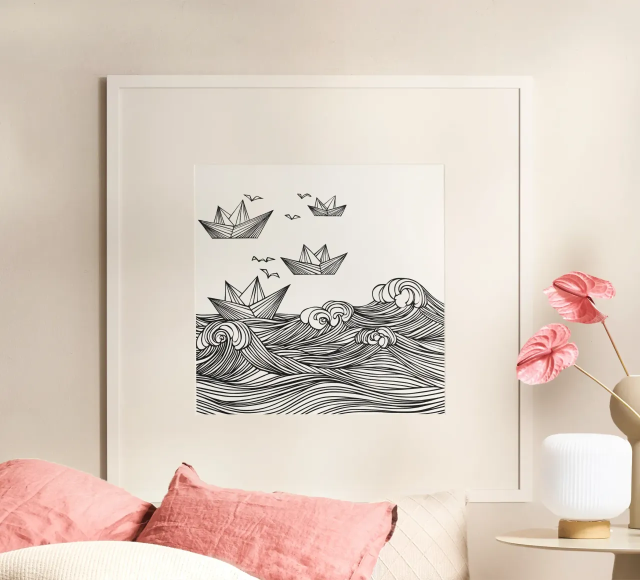 Navi di carta in viaggio verso di voi | Wanderlust Fantasy Line Art poster con telaio in alluminio da Autofocus