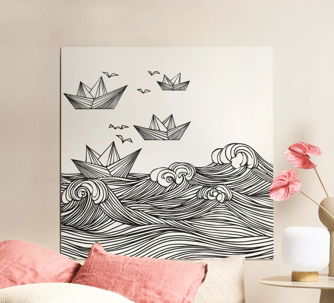 Navi di carta in viaggio verso di voi | Wanderlust Fantasy Line Art poster con telaio in alluminio da Autofocus