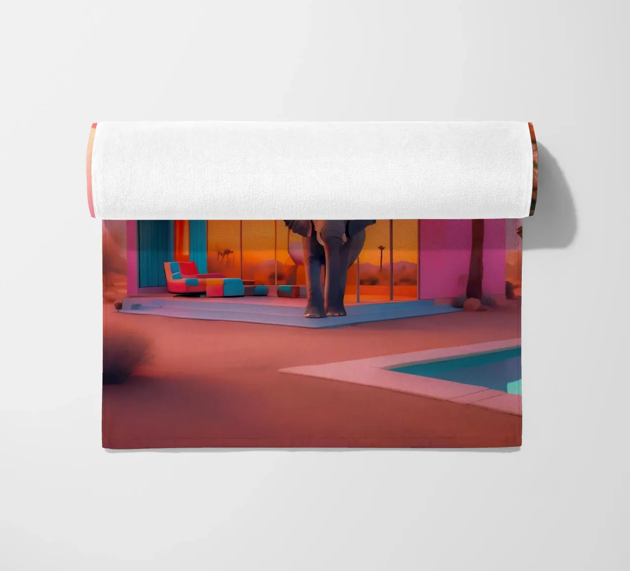 Refuge des Seventies beach towel by ICONICA Art Studio