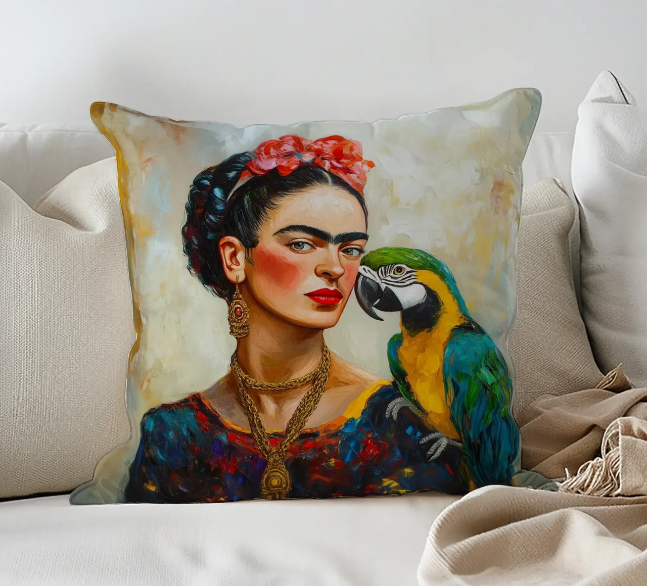 Frida Colourful parrots love decorative cushion by Carinaprint