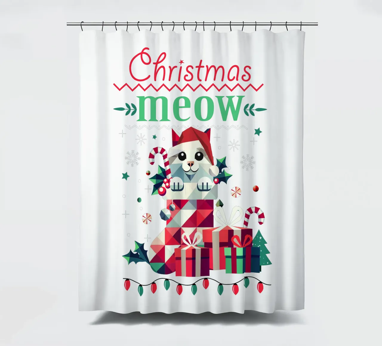 Playful cat in a stocking - Ugly Christmas style shower curtain by namosh