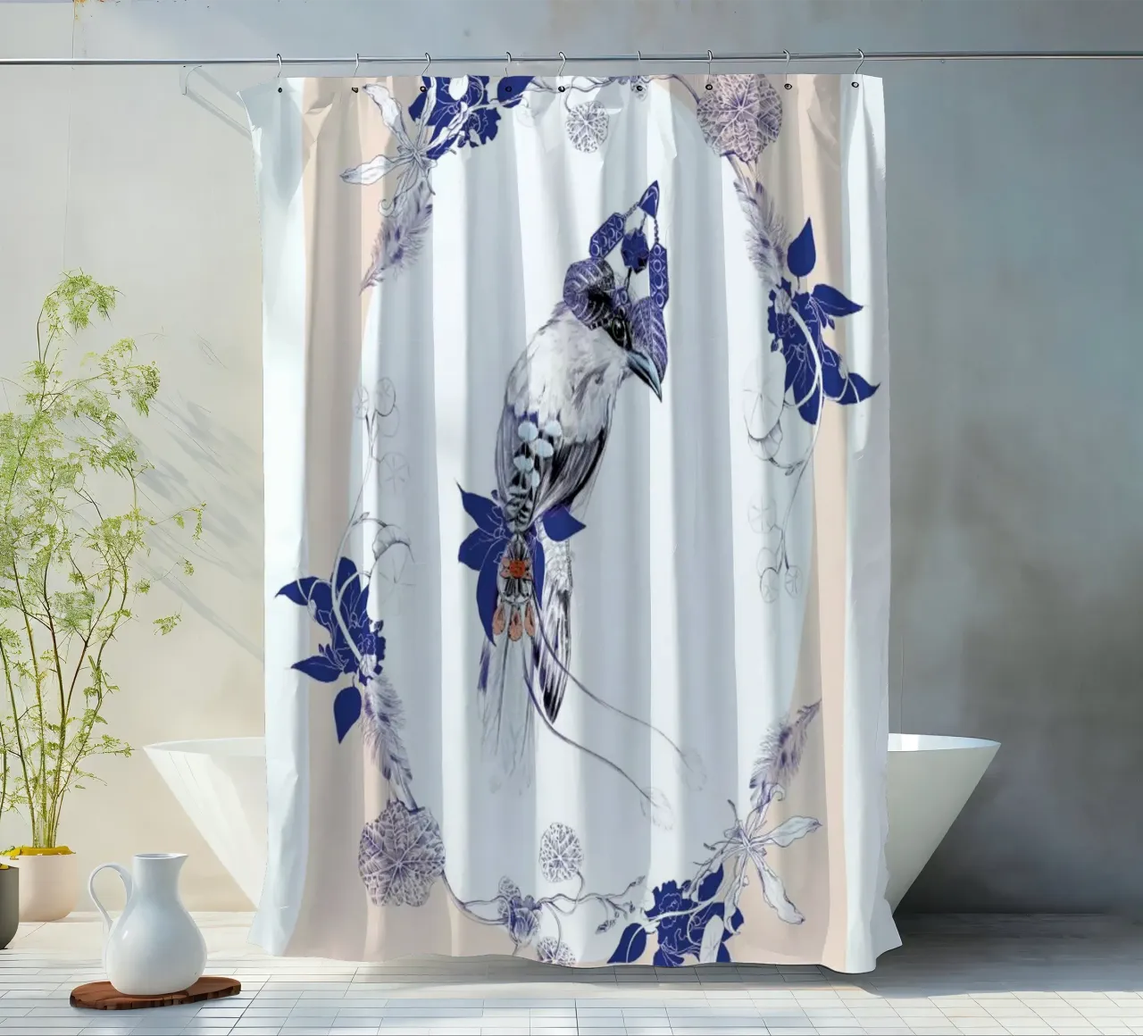 Magpie Bird Pink shower curtain by La Scarlatte