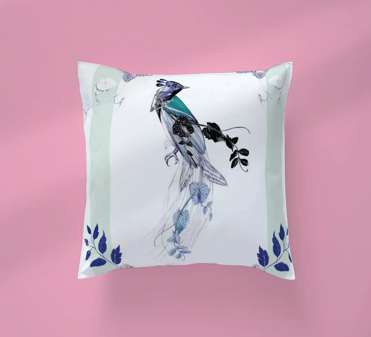 Magpie Bird Mint decorative cushion by La Scarlatte