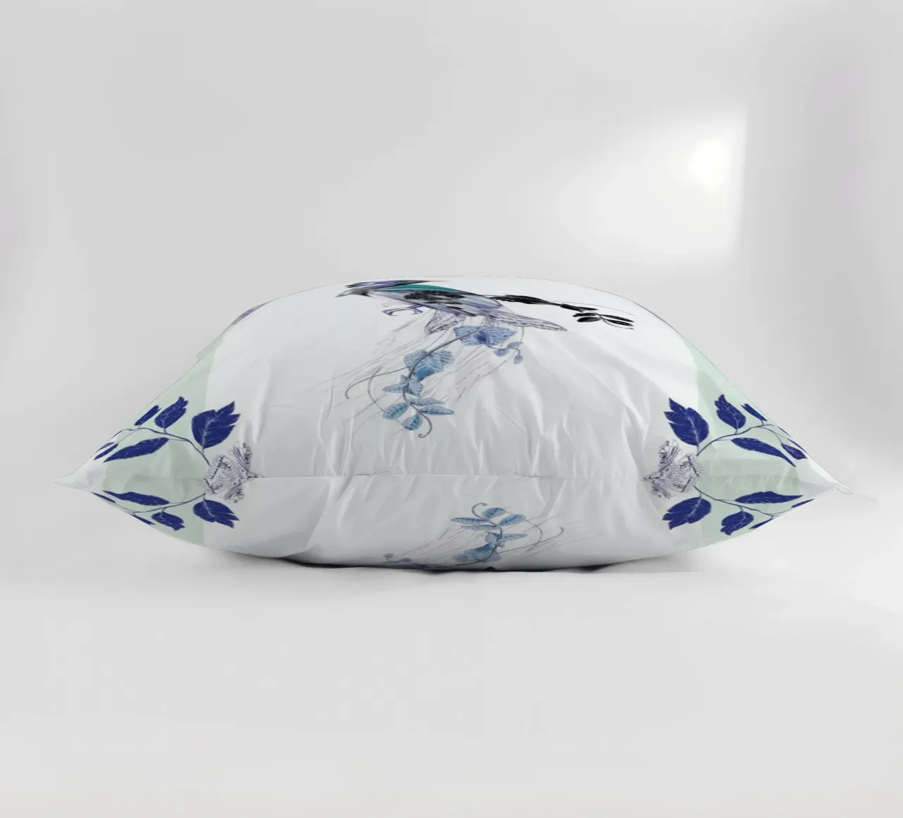 Magpie Bird Mint decorative cushion by La Scarlatte