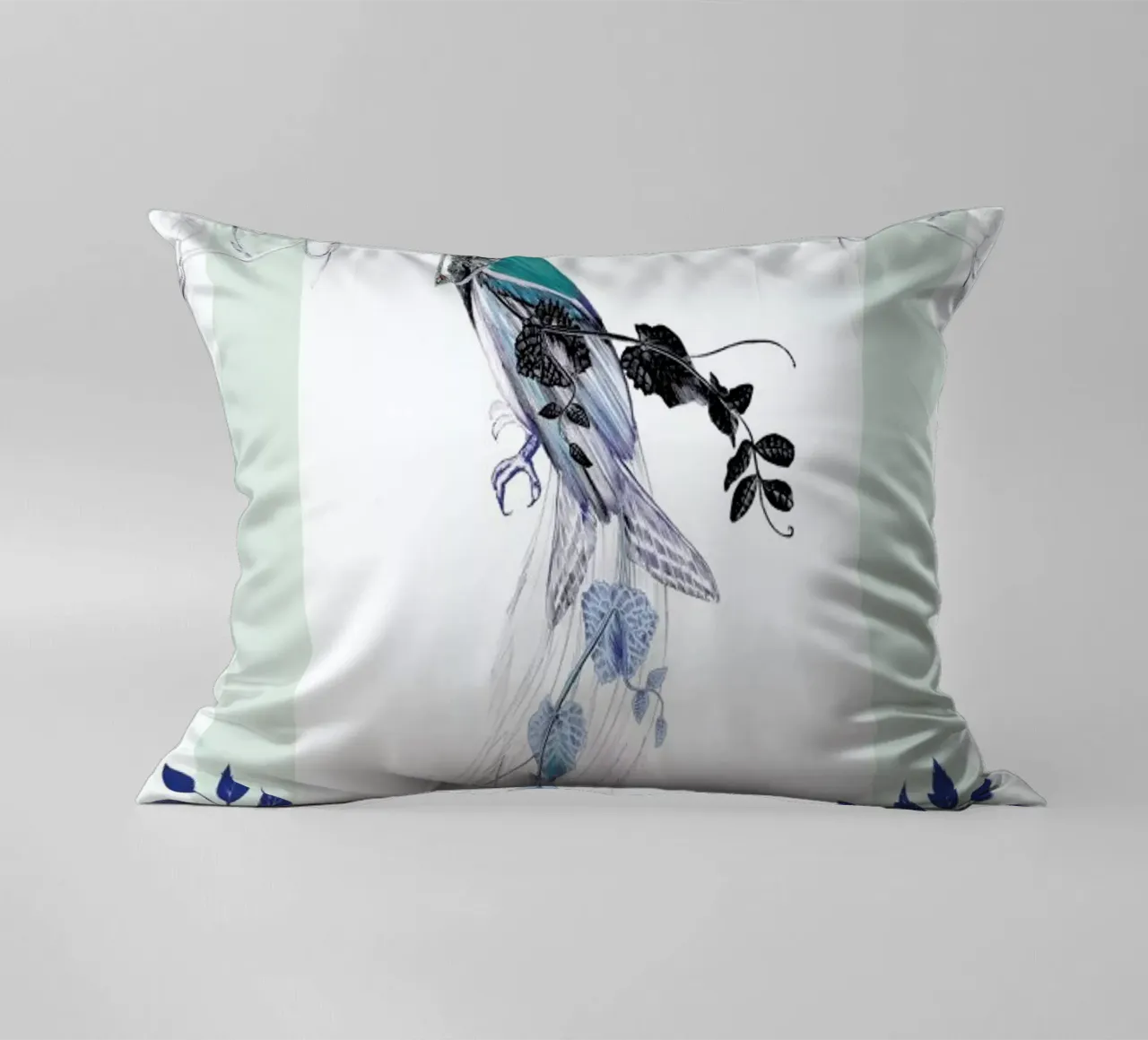Magpie Bird Mint decorative cushion by La Scarlatte