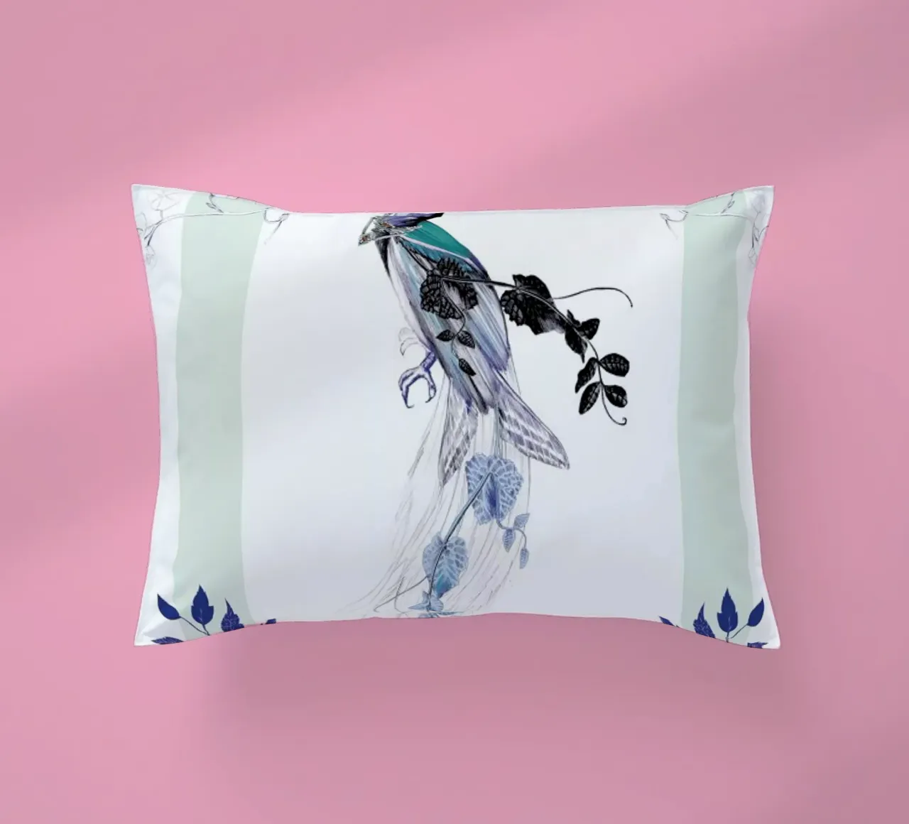 Magpie Bird Mint decorative cushion by La Scarlatte