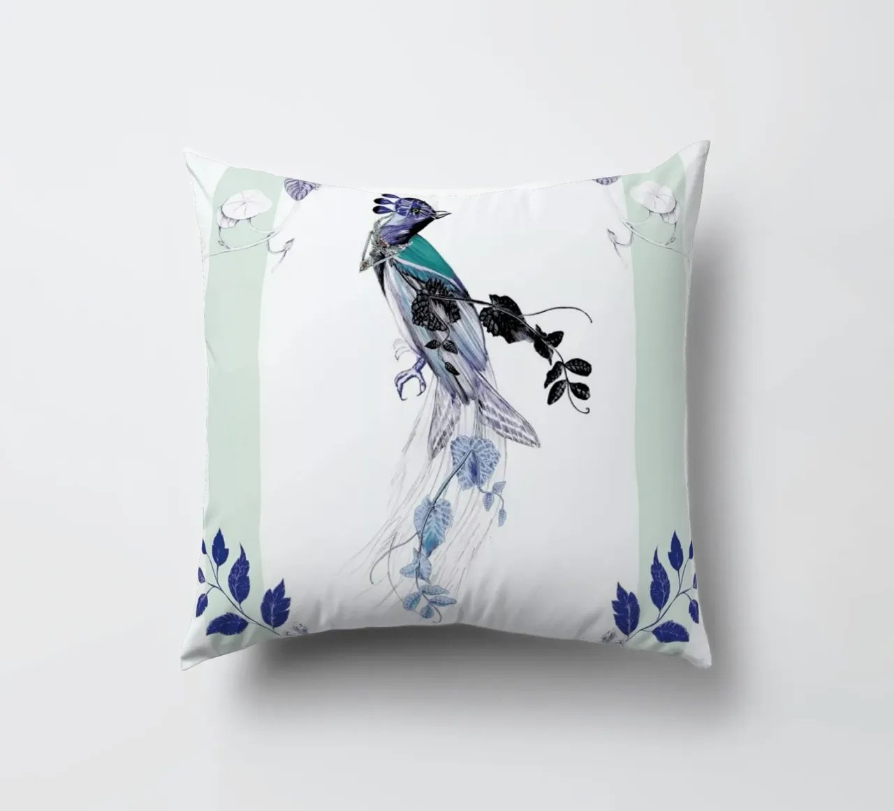 Magpie Bird Mint decorative cushion by La Scarlatte