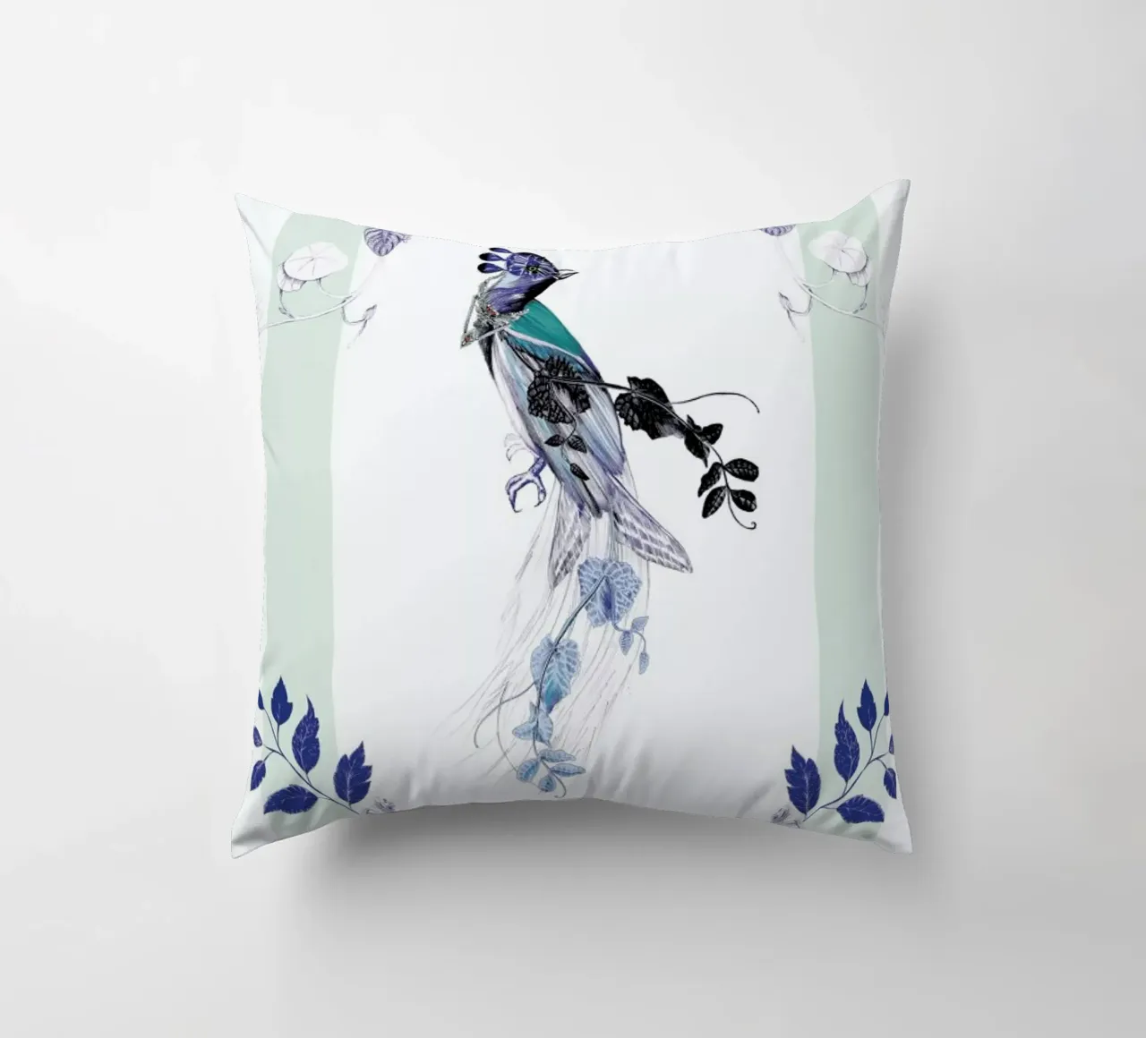 Magpie Bird Mint decorative cushion by La Scarlatte