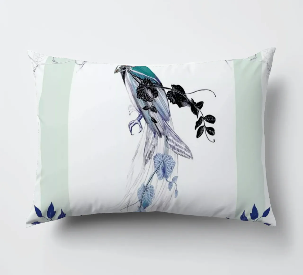 Magpie Bird Mint decorative cushion by La Scarlatte