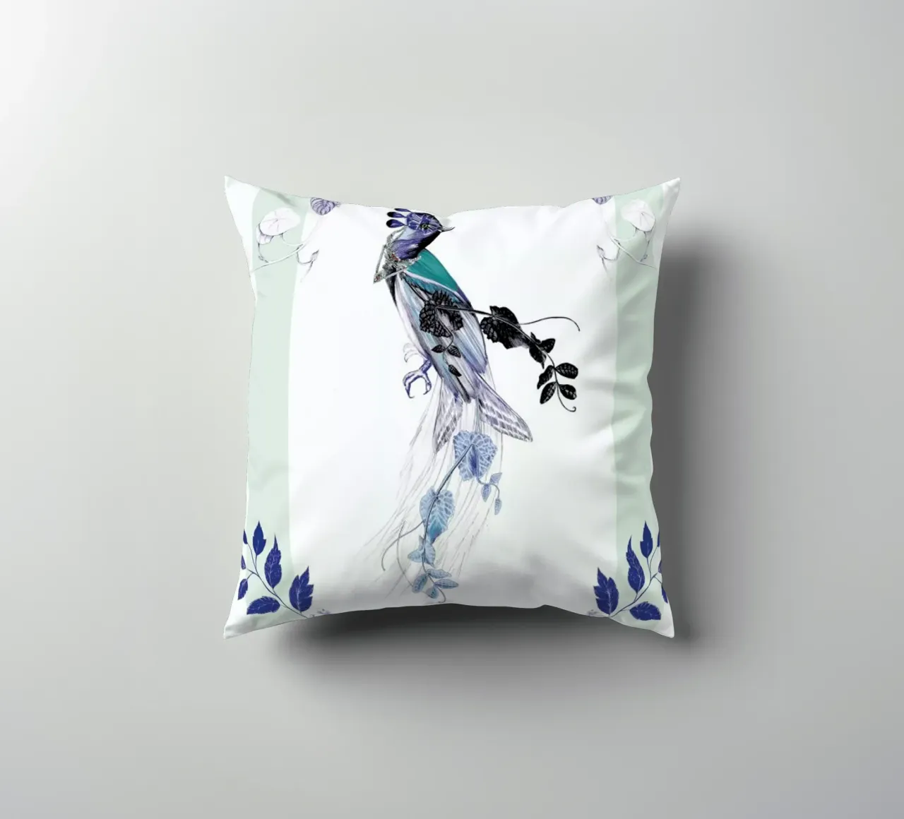 Magpie Bird Mint decorative cushion by La Scarlatte